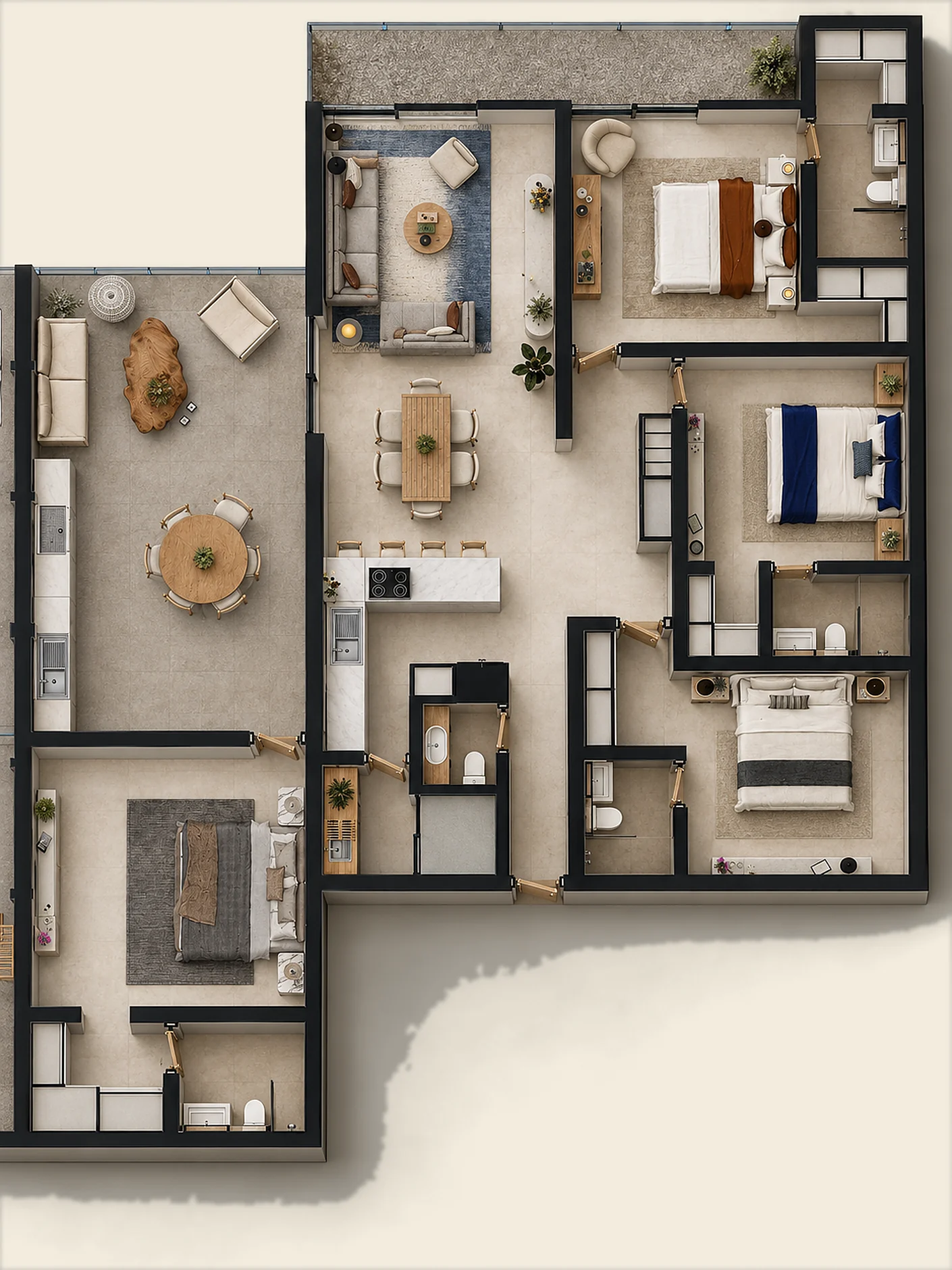 Plano amoblado en 3D del penthouse Tipo 2, con las cuatro habitaciones y la terraza