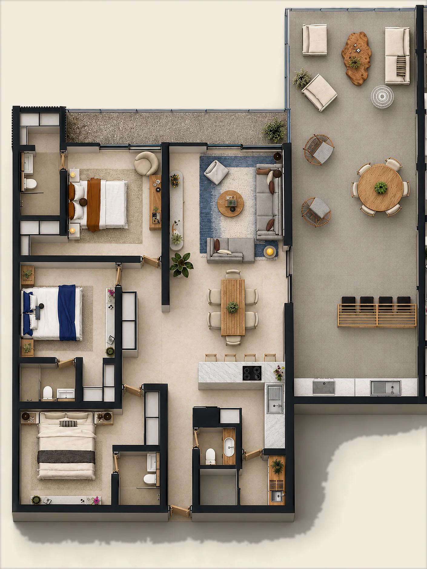 Plano amoblado en 3D del penthouse Tipo 1, con la terraza completa