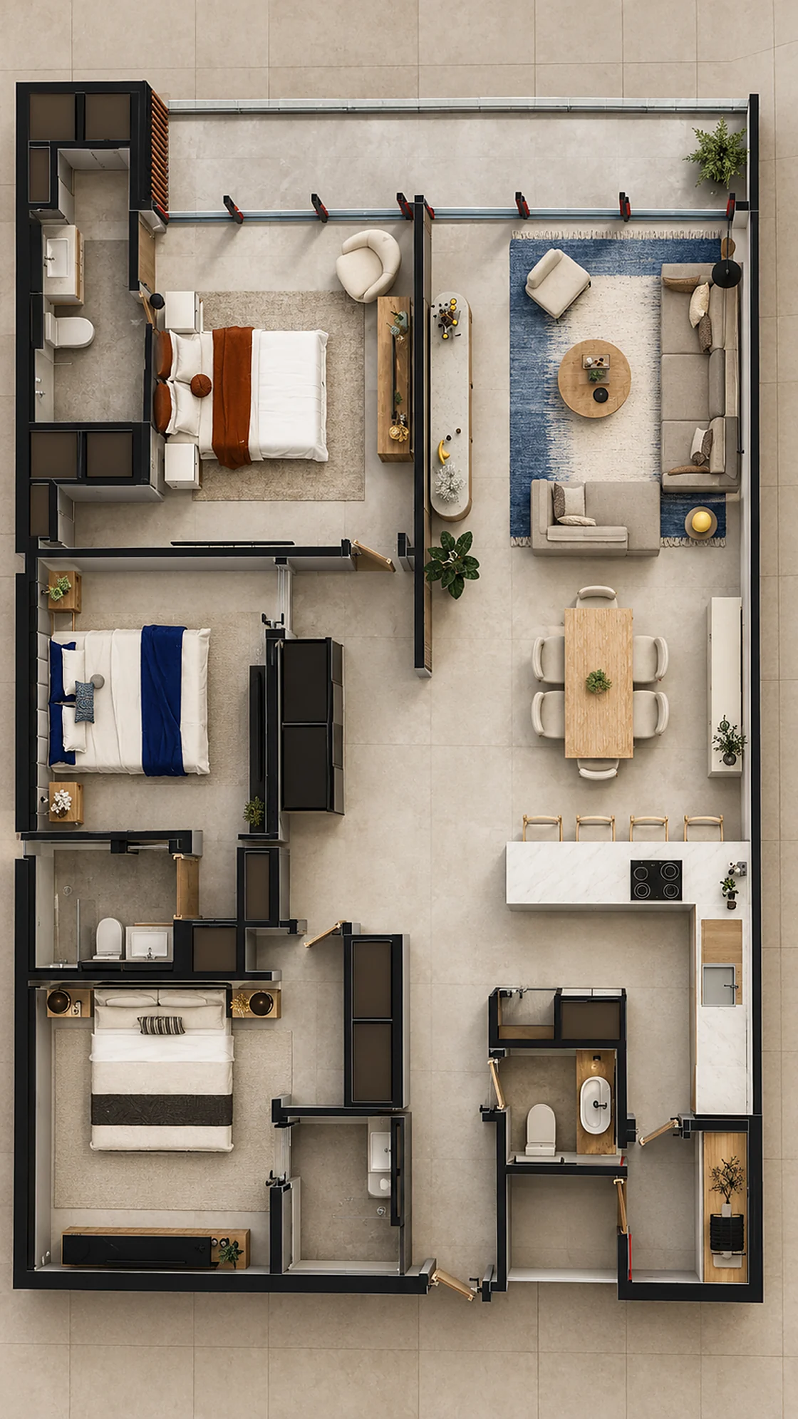Plano amoblado en 3D de la residencia, con las tres habitaciones y el balc&oacute;n